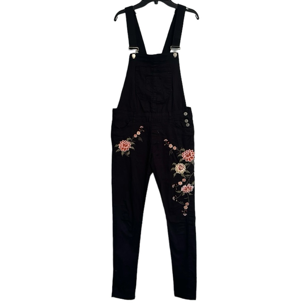 Rose Embroidered slim fit denim overalls .